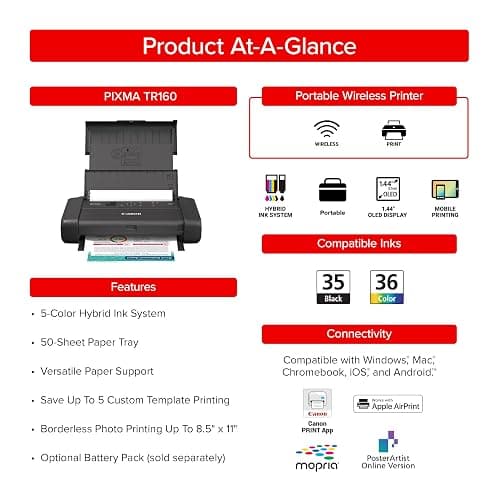 Canon PIXMA TR160 Wireless Portable Lightweight Compact Printer, 50-Sheet Paper Tray and 1.44" Display - Print On-The-Go thumbnail 3