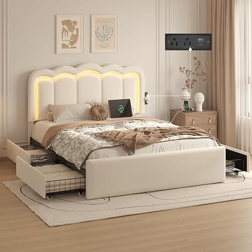 Queen Bed Frame with 4 Storage Drawers, Adjustable Wavy Headboard, White | PU Upholstered Princess Platform Bed with RGB LED Lights and Charging Station, Metal Slats Support, No Box Spring Needed - Image 1