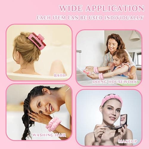 Wecoe Spa Headband And Wristband Set Skincare Headband For Washing Face Hair Claw Clips For Thick Hair Cute Pink Puffy Sponge Makeup Bubble Head Band Wrist Towels Scrunchies For Women Girls thumbnail 4