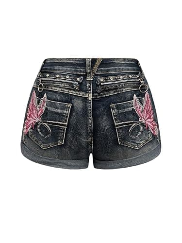 SOLY HUX Women's Y2k Butterfly Embroidery Distressed Low Rise Denim Shorts | Vintage, Mini Shorts - Image 1