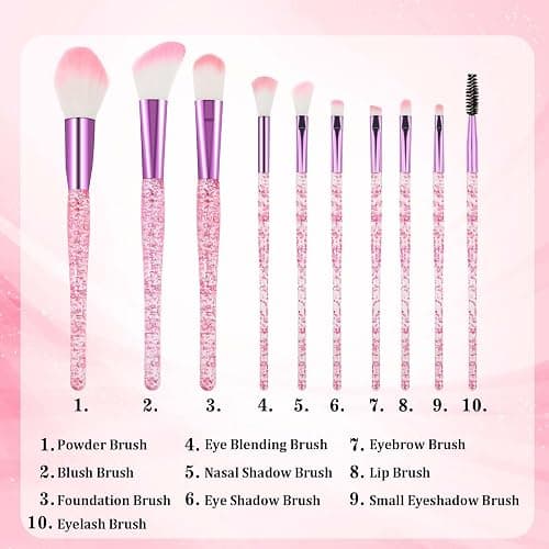 10 PCS Glitter Crystal Makeup Brush Set Cute Makeup Brushes Bling Professional Concealer Eye Shadow Eyeliner Blush Lip Blending Synthetic Brushes Tools Kit Face Cosmetics Blending Brushes for Women thumbnail 3
