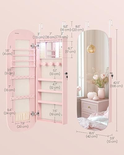 SONGMICS Jewelry Organizer, LED Jewelry Cabinet Wall/Door Mounted, Lockable Rounded Wide Mirror with Storage, Interior Mirror, 3.9 x 16.5 x 42.5 Inches, Jelly Pink Surface with Cream White Lining - Jelly Pink + Cream White thumbnail 2