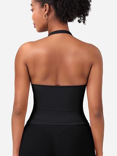 HIGORUN Halter Impact Tank Tops for Women Y2K Workout Longline Crop Tops with Built in Bras Open Back Going Out Gym Top thumbnail 2