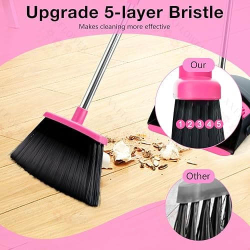 XXFLOWER Broom and Dustpan Set, Long Handle Lightweight Dustpans with Broom Combo for Home, Indoor&Outdoor Sweeping for Home Room Kitchen Office Lobby (Black Pink) thumbnail 5