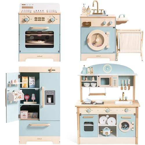 ROBUD Wooden Play Kitchen Set, Kids Toy Kitchen Set with Realistic Design, Utensils, Ice Maker, Fridge, Oven, Washer, Modern Style Play Kitchen with Accessories, Ideal Gift for Boys & Girls, Blue thumbnail 9