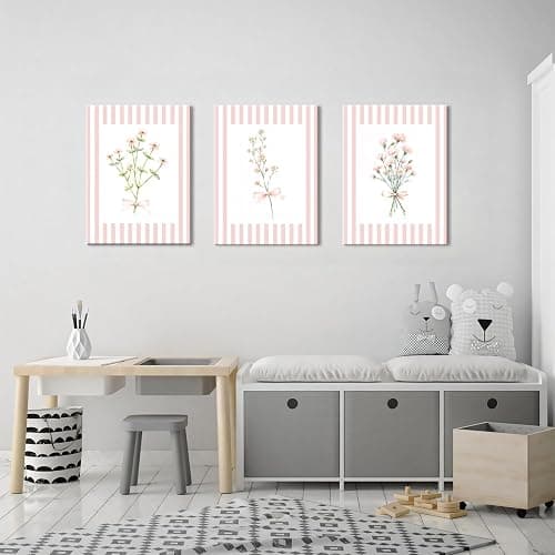 Trendy Pink Floral Wall Art Set of 3, Preppy Canvas Prints with Bow and Stripe Border Cute Aesthetic Botanical Wall Decor Artwork for Bedroom Bathroom Home Decor Girl Dorm Room,12x16 in Framed thumbnail 8