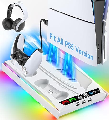 Rysker PS5/Slim/Pro Cooling Station with Quiet Cooling Fan and Fast Controller Charger for Disc & Digital Console, PS5 Accessories Incl. 3 USB Ports, Screw and Headset - Image 1