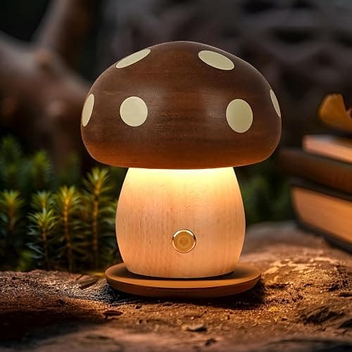 Richaa Wooden Mushroom Lamp - Rechargeable Touch Mushroom Light, Aesthetic Bedside Night Light Nature Decor Creative Gifts (Ebony + Beech) - Image 1