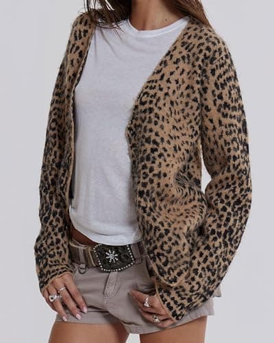 Women Leopard Print Long Sleeve V Neck Button Down Sweater Cardigan Casual Knit Lightweight Fall Winter Outwear Tops thumbnail 4