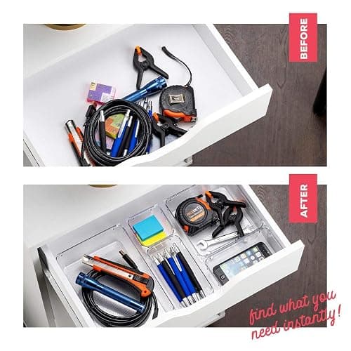25 PCS Clear Plastic Drawer Organizers Set, 4-Size Versatile Bathroom and Vanity Drawer Organizer Trays, Storage Bins for Makeup, Bedroom, Kitchen Gadgets Utensils and Office Accessories thumbnail 6