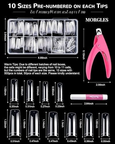 MORGLES Clear Acrylic Nail Tips, 500 Pcs French Nail Tips Square Half Cover with Glue, Clipper, Files and Cuticle Fork for Salons and Home DIY thumbnail 2