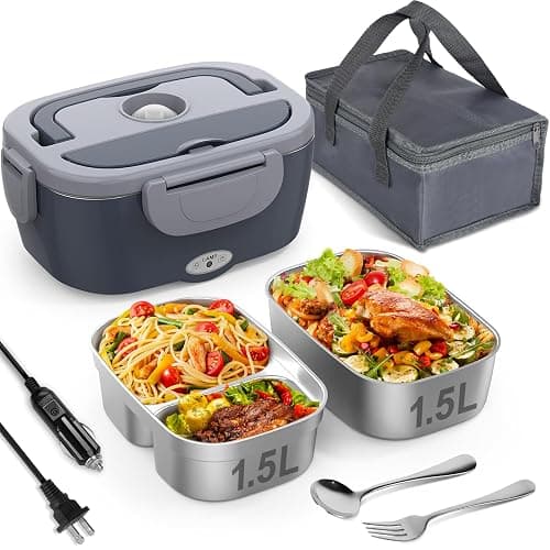 Vabaso Electric Heated Lunch Box with Dual 1.5L SS Containers for Car/Home | 80W Fast Heating, 2-in-1 Car & Home for Adults Men, Food-Grade SS, Leak-proof Seal, Includes Fork & Spoon, 12V/24V/110V/220V - Image 1
