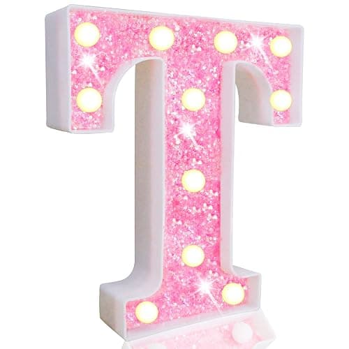 Pooqla LED Marquee Letter Lights, Pink Glitter Light Up Letters Alphabet Sign Battery Powered Night Light, Birthday Party Wedding Girls Gifts, Christmas Room Dorm Bedroom Decoration, Pink Letter T - Image 1