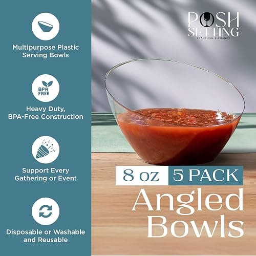 Posh Setting Clear Serving Bowls Small Hard Plastic Candy Bowl for Weddings, Buffet, Offices, Disposable Small Angled Bowls for Party's, Salads, Snacks and Fruit Bowl 5 Pack thumbnail 3