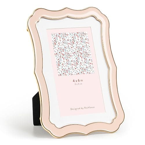 4x6 Enamel Picture Frame with HD-Tempered Glass, Display 3x5 Photo with Mat, Ornate Photo Frame with Gold Metal Edge & Velvet Back for Tabletop & Wall Mount Vertically or Horizontally Display, Pink - Image 1
