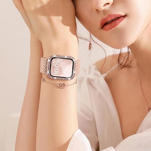 Braided Stretchy Band Compatible for Apple Watch Bands for Women and Case 40mm 41mm 42mm 44mm 45mm 46mm, Solace Solo Loop Bling Diamond Screen Protector Cover for iWatch Series 11 10 9 8 7 SE 6 5 4 thumbnail 7