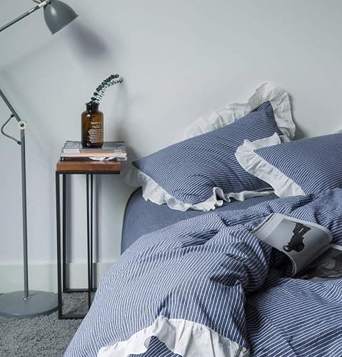 SUSYBAO Blue White Striped Duvet Cover Queen 100% Washed Cotton Denim Blue Ruffle 3 Pieces Set 1 Cute White Lace Duvet Cover with Zipper Ties 2 Pillow Shams Denim Ruffled Bedding Set thumbnail 7