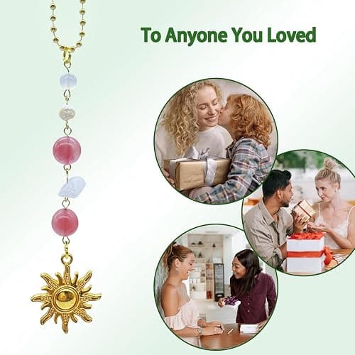 Sun Hanging Car Charm,Green and Gold Rear View Mirror Accessories Cute Boho Dangling Sun Car Decor Handmade Healing Crystals Stones Ornament Gifts for Women Men (Pink) thumbnail 5