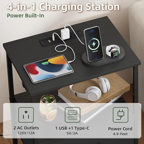 Somdot Black Nightstand with Charging Station and LED Light for Bedroom, Tall 5 Drawers Dresser with Fabric Bins for Bedside Kids Dorm Room Closet Laundry Entryway, Black thumbnail 5