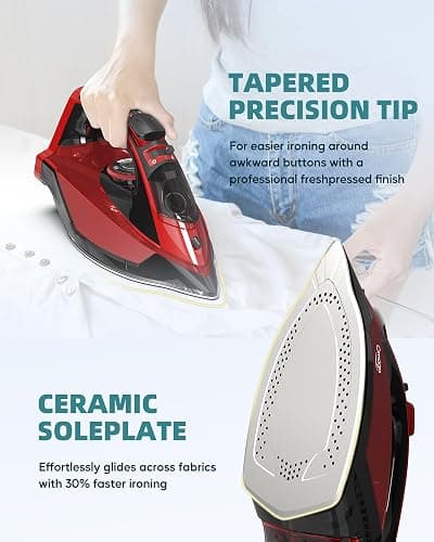 OMAIGA Cordless Iron for Clothes - 1500W Steam Iron with Non-Stick Ceramic Soleplate, Rapid Heating, Auto Shut Off, Burst of Steam, Self-Clean, Anti-Drip, Anti-Calc, 3 Temperature Settings, Red thumbnail 5