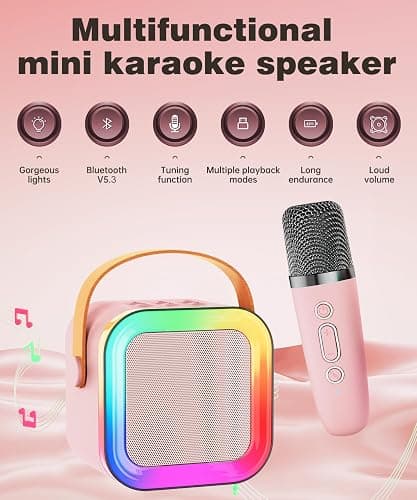 Mini Kids Karaoke Machine Toy Ages 3-12, 2 Wireless Mics Bluetooth Speaker | LED Party Lights, Voice Changer, Duets, BT 5.3, Rechargeable Portable, Christmas Birthday Gifts for Toddler Boys & Girls thumbnail 2