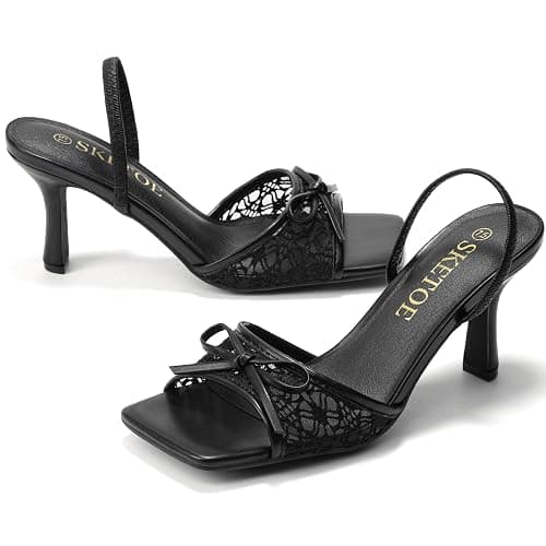 SKETOE Bow Kitten Heels for Women Square Toe Mesh Sandals Knots Heels for Wedding Party thumbnail 4