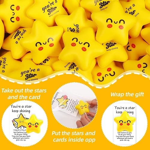 Natonhi 36 Pack Back to School Gifts for Students, Yellow Smile Squeeze Star Squishy Stress Balls Bulk with Blessing Cards for First Day of School Classroom Prizes Party Favors Exchange Gifts thumbnail 7