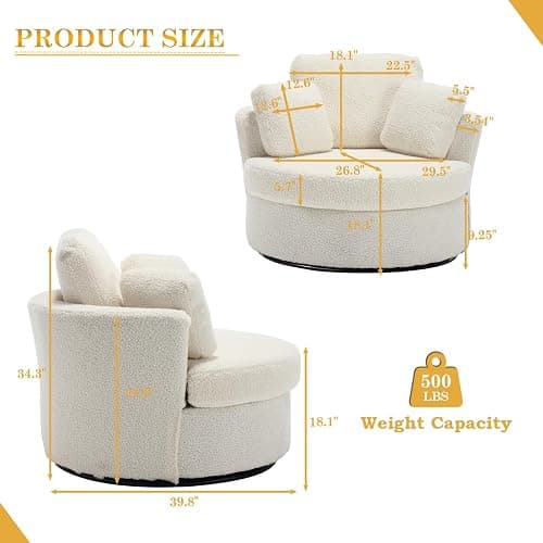 Swivel Barrel Chair, Modern Fabric Oversized 360 Degree Club Accent Arm Chairs, Single Round Living Room Sofa Chair w/ 3 Pillows for Nursery, Bedroom, Reading, Office, Ivory thumbnail 3