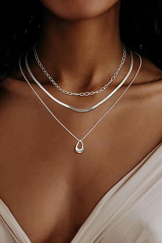 NECOCY Christmas Gift 14k Gold/Silver Plated Layered Gold Necklaces for Women, 3Pcs Dainty Herringbone Choker Set, Trendy Stack Simple Chain Layering Pendant Jewelry thumbnail 2