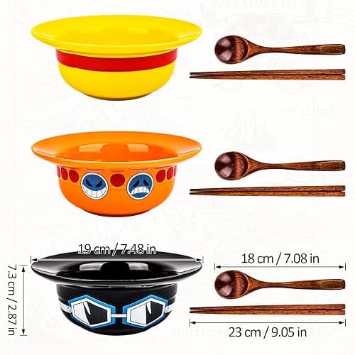 Clakioom 3 Piece Anime Ramen Bowl, Ramen Bowl Set,Straw Hat Design Japanese Ramen Ceramic Bowl Set of 9 with Chopsticks and Spoon thumbnail 3
