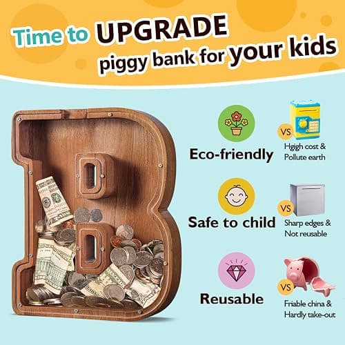 Summidate Large Wooden Piggy Bank for Kids Adults, Alphabets Letter A-Z Piggy Bank for Boys Girls, Coins Bills Change Bank Box Personalized Initial Name Kids Money Bank for Birthday Present and Decor thumbnail 5