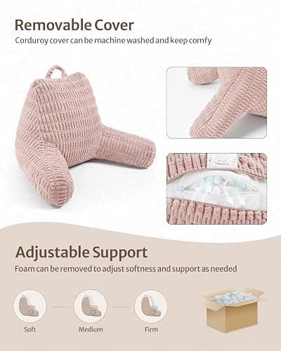 Blissful Diary Reading Pillow, Large Backrest Pillow with Shredded Memory Foam for Adult & Children, Designed for Bed and Couch Sitting Up, Includes Arms, Pockets and Washable Cover, Pale Pink thumbnail 4