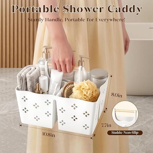 GVY Plastic Shower Caddy Portable, Large Capacity Shower Basket with Handle, Divided Bathroom Toiletry Organizer, Quick-Drain Shower Caddy for College Dorm Beach Kitchen Essentials, White. thumbnail 3