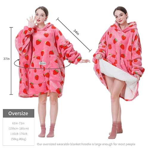 Aemicion Strawberry Blanket Hoodie,Oversized Wearable Blanket,Sherpa Hooded Blanket,Warm Cozy Sweatshirt Blanket Gifts for Women Girls Adult - Strawberry/Adult - Adult thumbnail 3