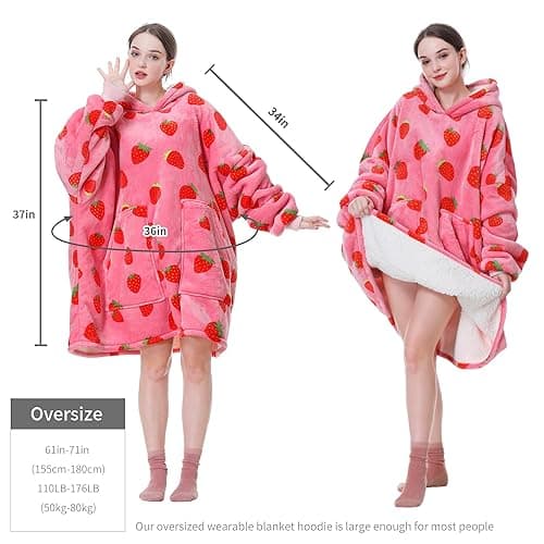 Aemicion Strawberry Blanket Hoodie,Oversized Sherpa Wearable Hooded Blanket,Warm Cozy Sweatshirt Gifts for Women Girls Adult - Strawberry/Adult - Adult thumbnail 2