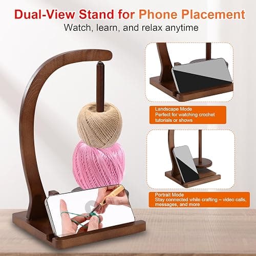 【Mobile Friendly】Yarn Holder for Crocheting and Knitting with Phone Stand, Magnetic Rotating Yarn Spinner for Crocheters, Large Capacity Natural Wood Yarn Ball Holder Gift thumbnail 4