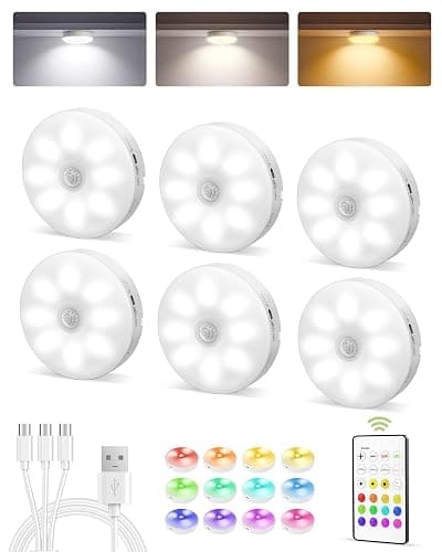 EZVALO 6-Pack Under Cabinet Lighting, Rechargeable Motion Sensor Puck Light with Remote, 3 Color Temps & 12 RGB Colors, Magnetic Stick on Light, Dimmable Under Counter Light for Kitchen, Home Decor - Image 1