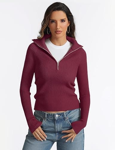 Prettywear 2025 Women's Half Zip Pullover Sweaters V Neck Collared Long Sleeve Ribbed Knit Fall Tops Dressy Casual thumbnail 2