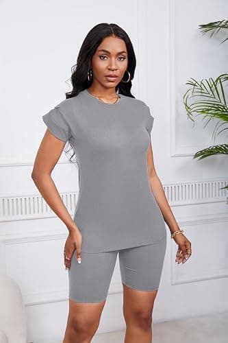 PINSV Women 2 Piece Outfits Summer Sweatsuits Biker Short Workout Jogger Sets thumbnail 2