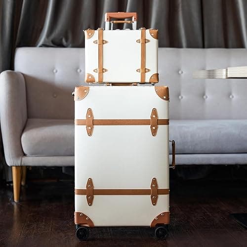 universal trotter Vintage PU Leather Luggage Set, Retro Trunk Suitcase with Wide Aluminum Frame, TSA Key Locks and Smooth 360° Spinner Wheels (Natural Tan Trim,26"+12") thumbnail 3
