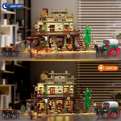 INSOON Western Saloon Building Set with LED Light, Wild West Building Block Toy 1727 PCS, Old West Construction Model with Horse Stable Cowboy Hat, House Building Kit Gift for Adults Teens 12+ thumbnail 3