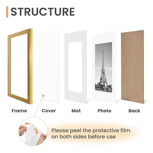 upsimples 8.5x11 Picture Frame Set of 5, Display Pictures 6x8 with Mat or 8.5 by 11 Without, Wall Gallery Photo Frames, Gold thumbnail 3
