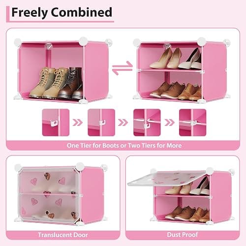 TrailBlaze 8-Tier Expandable Shoe Rack Organizer – Plastic Closet Shoe Storage Cabinet with PVC Shelves and Door – Space-Saving Design for Entryway, Bedroom, Hallway – Pink thumbnail 7
