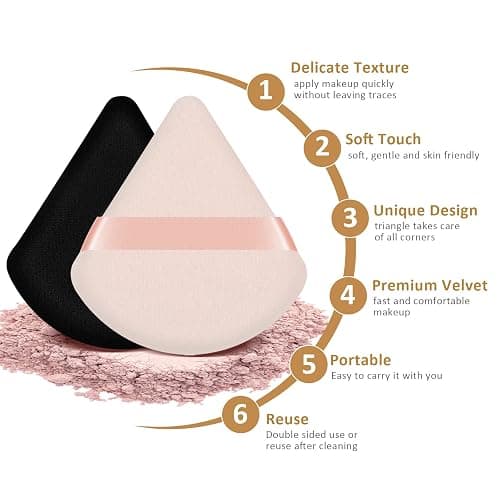 2PCS Powder Puff Face Triangle, DUAIU Velvet Powder Puffs for Pressed Powder Reusable Makeup Puff Puffy Makeup Sponge with Strap for Loose Powder Body Foundation Wet Dry Dual-Use Tool thumbnail 2