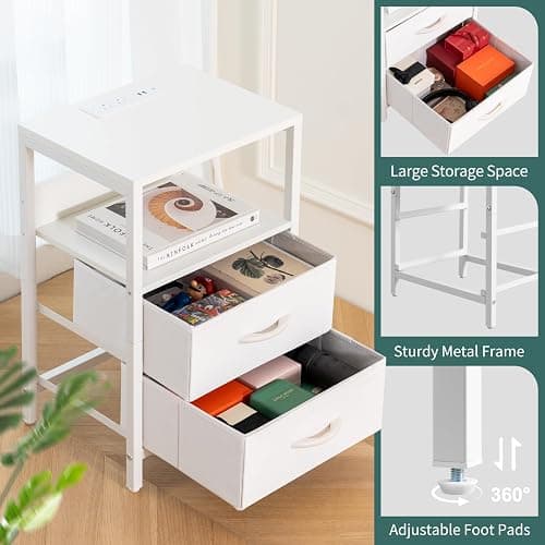 Yoobure Nightstand with Charging Station, LED Night Stand with Fabric Drawers and Storage Shelf for Bedroom, Nightstands Bedside Tables with USB Ports & Outlets, Small Night Stands, Bed Side Table thumbnail 8