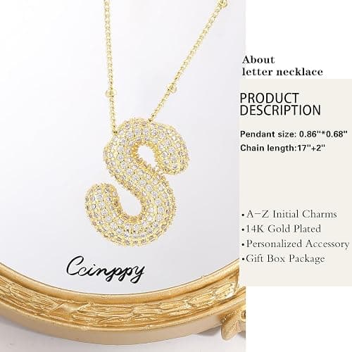 CCINPPY Letter Necklace, 14k Gold Plated Bubble Balloon Dainty Necklace for Women, Chunky Initial Charm Pendant Name Necklace Personalized thumbnail 5