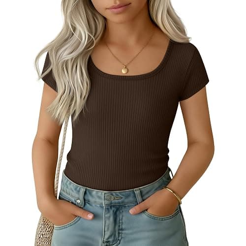Oakgarden Girls Cap Sleeve T-Shirts Kids Ribbed Knit U-Neck Tops Fitted Short Sleeve Shirts Cute Summer Basic Tees 5-14 Years - Image 1