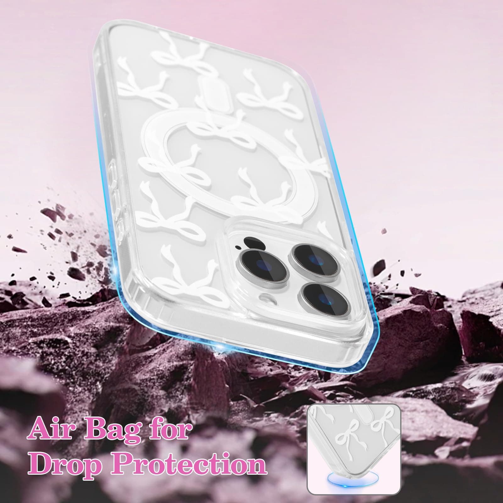 UEEBAI Magnetic for iPhone 12 Case & iPhone 12 Pro Case, Bow Case Compatible with MagSafe, Wireless Slim Clear Ribbon Phone Case Anti-Yellowing Shockproof Protective Cover for Women Girl - White thumbnail 5