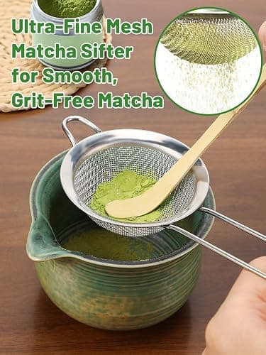 Matcha Whisk Set with Bamboo Tray - Bowl with Spout, Whisk and Holder, Bamboo Scoop, Sifter, Japanese Matcha Kit Tea Ceremony Gift for Women thumbnail 2