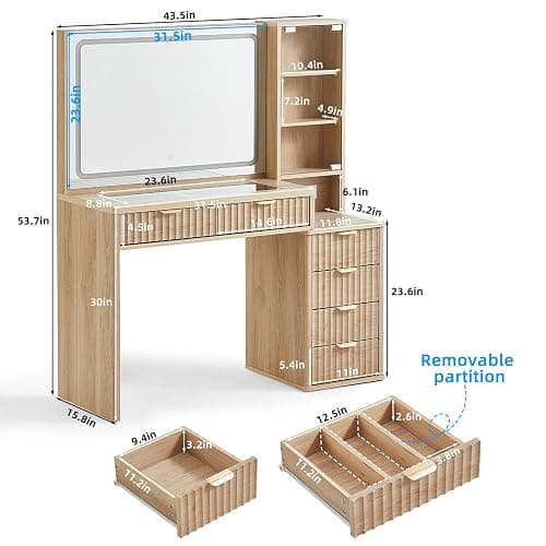 LEYAOYAO Vanity Desk with Mirror and Lights, 43.5'' Fluted Makeup Vanity with 6 Drawers and Adjustable Shelves, Natural Wood Make Up Vanity Dressing Table with Glass Top and Power Outlet for Bedroom - Natural Wood thumbnail 2